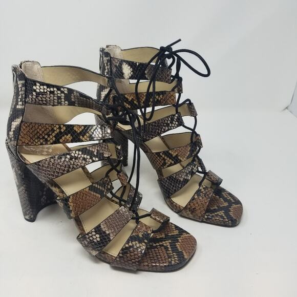 Vince Camuto NEW Block Heel Snake Sandals Black and Brown Zipper Back Size 9 1/2 - Picture 11 of 12